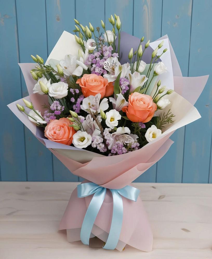 Букет цветов из: Лизиантусы, Розы, Альстромерии и Гипсофила в Сортавале